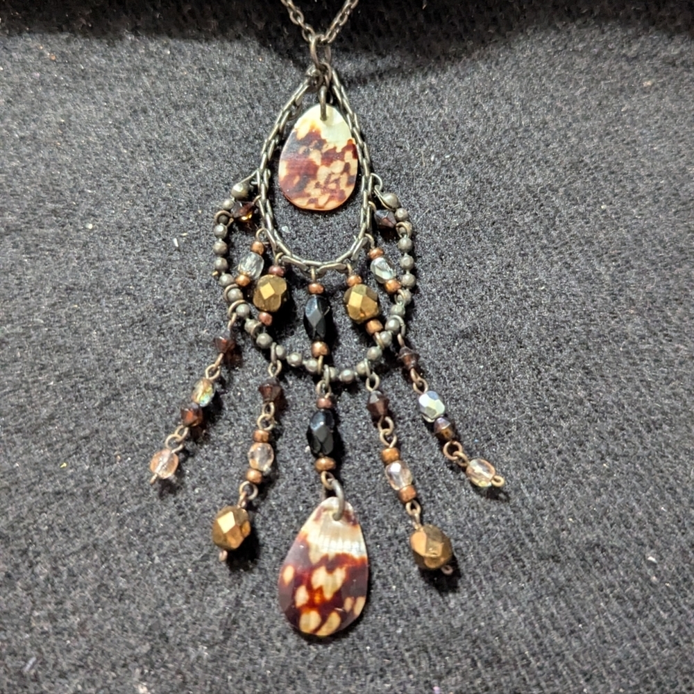 Bronze Tone Brown Cream Shell Teardrop Beaded Pendant Statement Necklace